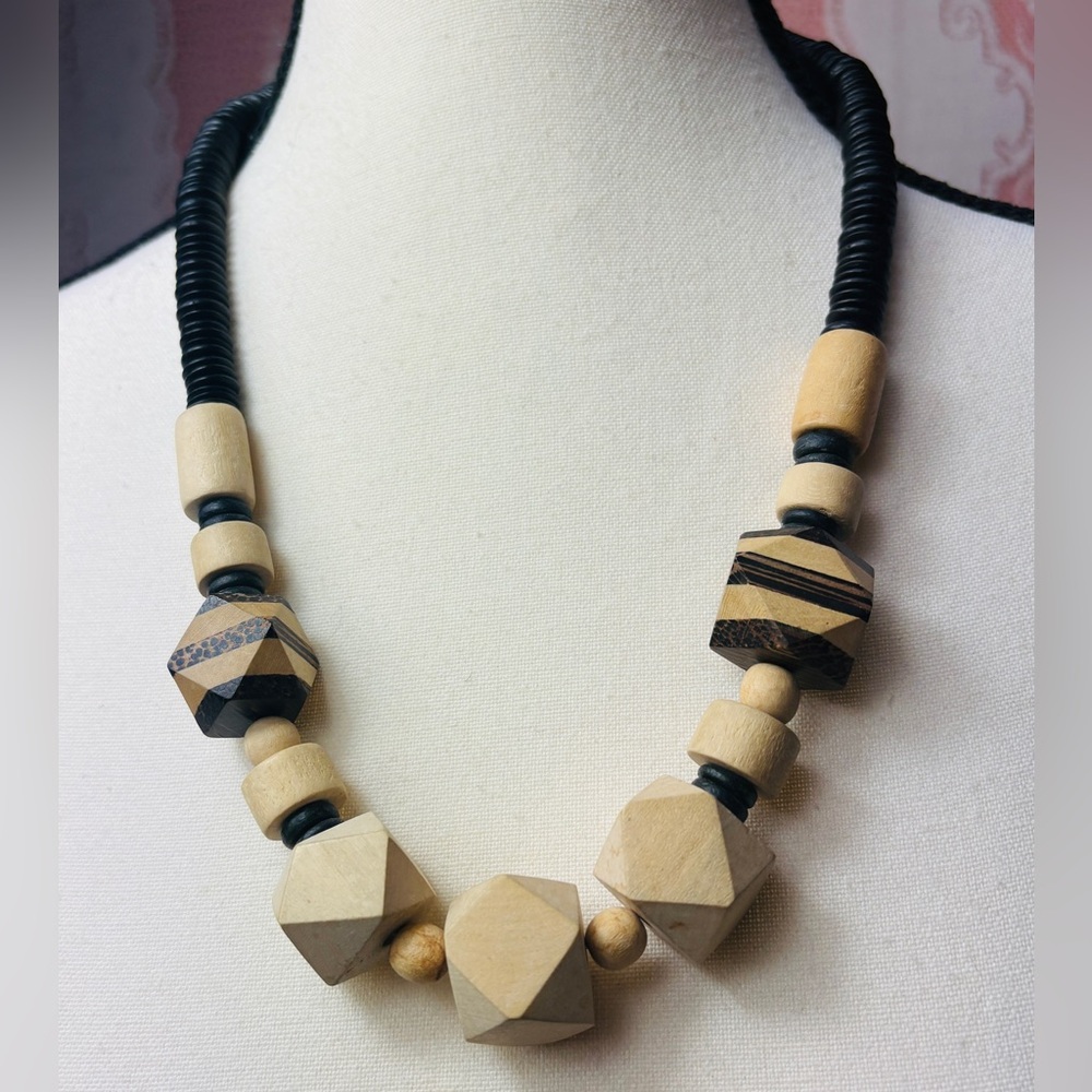 Artisan Wood & Black Statement Necklace - Picture 2 of 6
